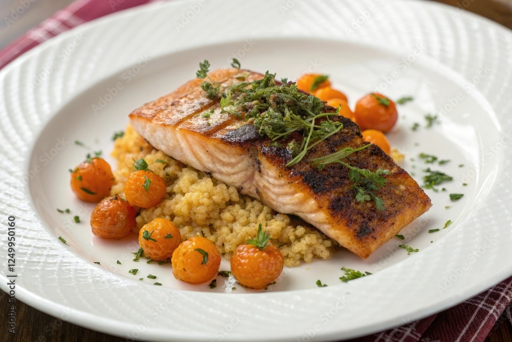 Cloudberries scattered around a grilled arctic char fillet on a white plate with a sprinkle of fresh herbs and a side of quinoa or brown rice, protein, presentation, food styling Cloudberries scattered around a grilled arctic char fillet on a white plate with a sprinkle of fresh herbs and a side of quinoa or brown rice, protein, presentation, food styling