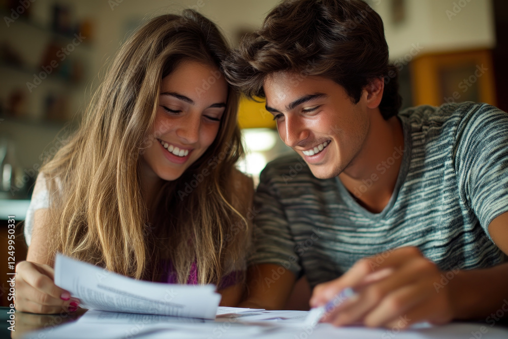 Young couple reviewing a document together, concentrated expressions, sitting at a wooden table with a laptop and coffee cups nearby. Young couple reviewing a document together, concentrated expressions, sitting at a wooden table with a laptop and coffee cups nearby.