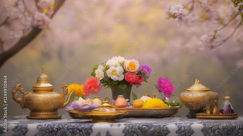 Obraz premium Traditional Haft-Seen Table with Spring Flowers, Celebrating Nowruz and Renewal