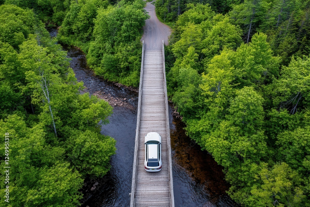 Fototapeta premium Scenic Aerial View of a White Car Driving on a Wood Bridge Surrounded by Lush Green Trees