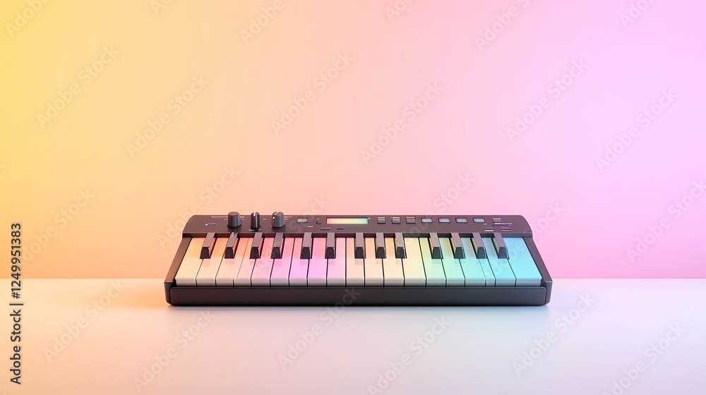 A modern MIDI keyboard on a minimalist table with a gradient pastel background, ideal for music production A modern MIDI keyboard on a minimalist table with a gradient pastel background, ideal for music production