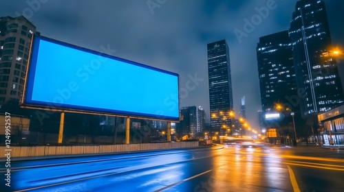 A Large Billboard on an Empty City Street at Night, Illuminated by Blue Light and Reflecting Off Wet Pavement, Showcasing Urban Architecture in Soft Focus Behind It, Symbolizing Digital Marketing  photo