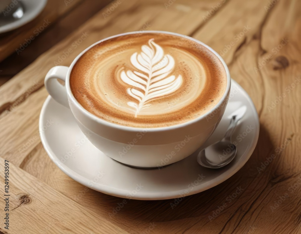 Coffee cup with intricate rosetta latte art on wooden background, cafe, furniture, beverage Coffee cup with intricate rosetta latte art on wooden background, cafe, furniture, beverage