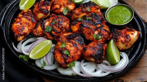 Top view of tandoori chicken Spiced Grilled Chicken sizzling a platter garnished with lime wedges sliced onions and mint chutney