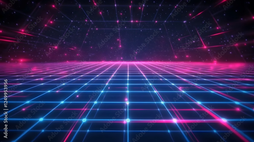A Digital Grid Background with Neon Blue and Pink Lights, Creating an Otherworldly Atmosphere for Retro Video Game-Inspired Visuals, Evoking a Futuristic and High-Tech Vibe with Bold, Vibrant Colors A Digital Grid Background with Neon Blue and Pink Lights, Creating an Otherworldly Atmosphere for Retro Video Game-Inspired Visuals, Evoking a Futuristic and High-Tech Vibe with Bold, Vibrant Colors