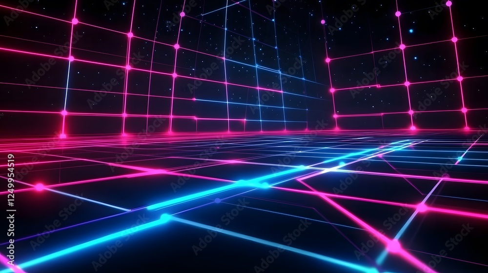 A Digital Grid Background with Neon Blue and Pink Lights, Creating an Otherworldly Atmosphere for Retro Video Game-Inspired Visuals, Evoking a Futuristic and High-Tech Vibe with Bold, Vibrant Colors A Digital Grid Background with Neon Blue and Pink Lights, Creating an Otherworldly Atmosphere for Retro Video Game-Inspired Visuals, Evoking a Futuristic and High-Tech Vibe with Bold, Vibrant Colors