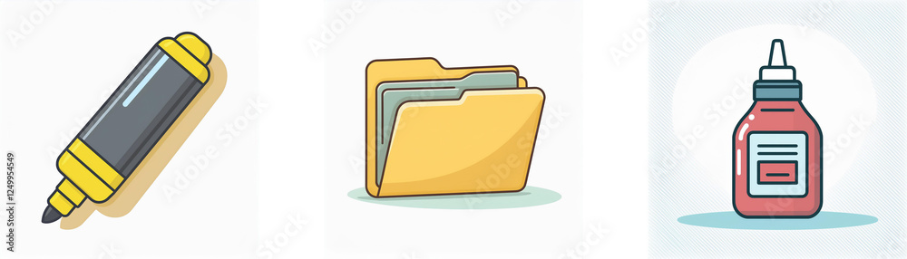 Set of office and school icons featuring a marker, a file folder with documents, and a bottle of glue. Essential supplies for work or study. Set of office and school icons featuring a marker, a file folder with documents, and a bottle of glue. Essential supplies for work or study.