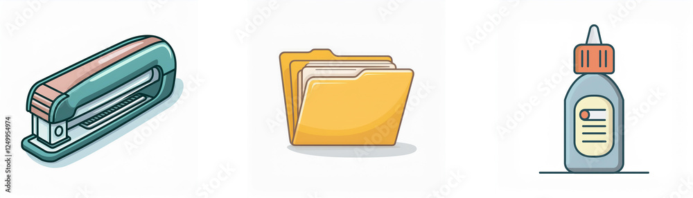 Office supplies are shown: a stapler for binding papers, a file folder for organizing documents, and a glue bottle for sticking items, all on white. Office supplies are shown: a stapler for binding papers, a file folder for organizing documents, and a glue bottle for sticking items, all on white.