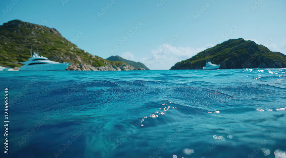 Close-up of crystal clear blue ocean water and green island on blurred background Close-up of crystal clear blue ocean water and green island on blurred background