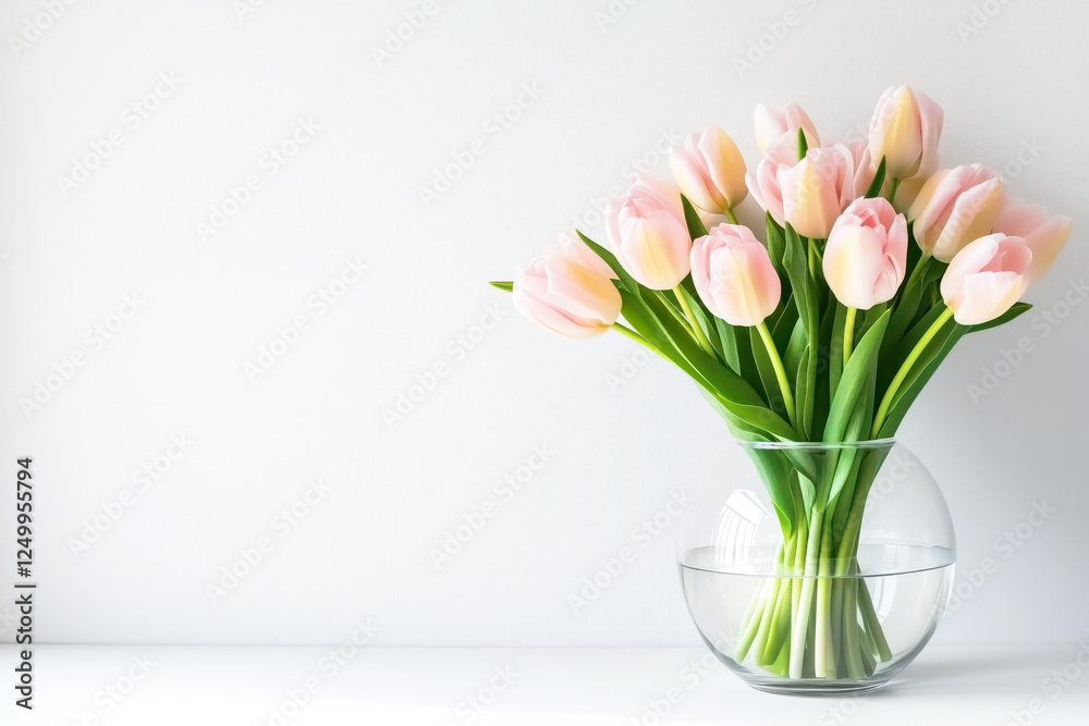 A bouquet of delicate pink tulips in a glass vase with area for text or design A bouquet of delicate pink tulips in a glass vase with area for text or design