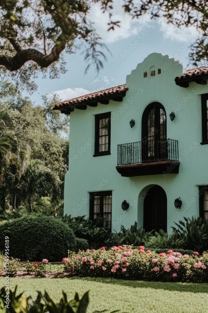 Fototapeta premium Charming turquoise house surrounded by lush greenery and colorful flowers in a serene outdoor setting during a sunny day