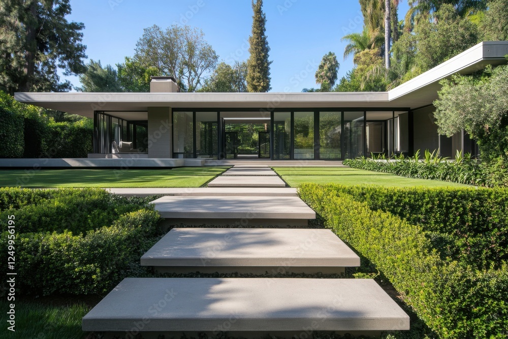 Modern architecture showcased in a serene garden setting with a pathway leading to a stylish residence during bright daylight