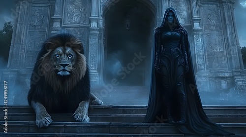 A Dark-Hooded Woman Standing on the Steps of an Ancient Temple, Accompanied by a Majestic Lion with Blue Eyes, Capturing the Mysterious and Powerful Essence of Dark Fantasy Art photo