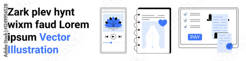 Mobile music app, content writing notebook, and payment interface highlight digital creativity, productivity, and fintech solutions. Ideal for tech, education, business, finance apps innovation