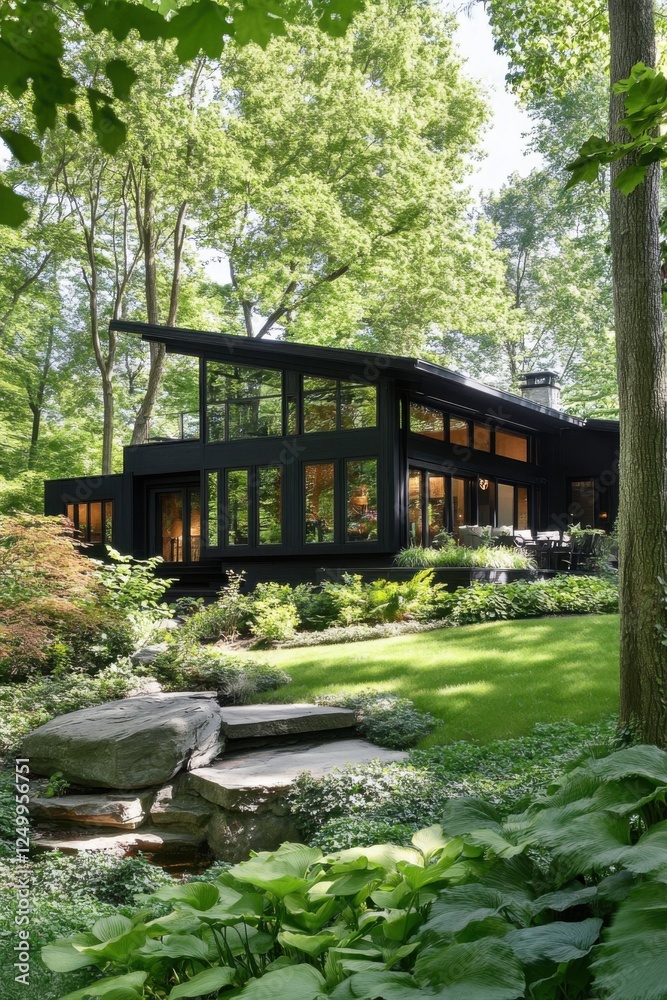 Modern black house surrounded by lush greenery in a tranquil setting, showcasing large windows and unique architectural design amidst nature's beauty Modern black house surrounded by lush greenery in a tranquil setting, showcasing large windows and unique architectural design amidst nature's beauty