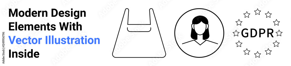 Shopping bag outline, female profile icon, GDPR compliance text with stars. Ideal for e-commerce, customer privacy, data protection, digital security, user profiles, legal compliance flat landing Shopping bag outline, female profile icon, GDPR compliance text with stars. Ideal for e-commerce, customer privacy, data protection, digital security, user profiles, legal compliance flat landing