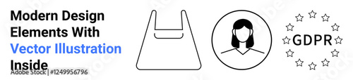 Shopping bag outline, female profile icon, GDPR compliance text with stars. Ideal for e-commerce, customer privacy, data protection, digital security, user profiles, legal compliance flat landing