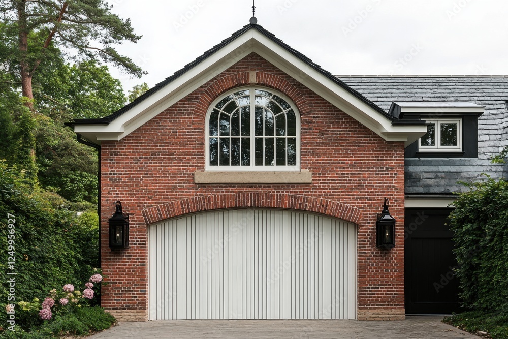 Gracefully designed brick garage featuring an arched window and a pristine white door, all enveloped by vibrant greenery in a serene suburban neighborhood Gracefully designed brick garage featuring an arched window and a pristine white door, all enveloped by vibrant greenery in a serene suburban neighborhood