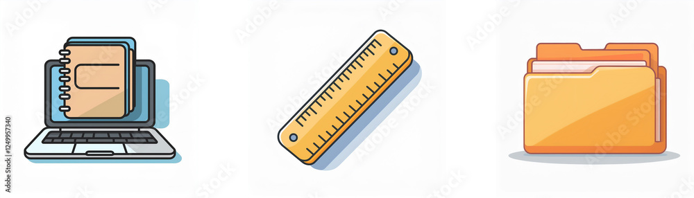 Icons of laptop with notebook, ruler, and folder. Representing digital and physical tools for office, school, or organizational tasks. Icons of laptop with notebook, ruler, and folder. Representing digital and physical tools for office, school, or organizational tasks.