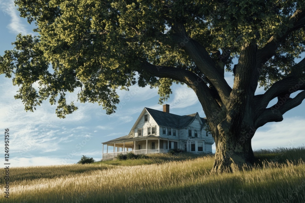 Fototapeta premium Sunlight filters through a large oak tree, casting shadows over a classic farmhouse surrounded by golden fields on a serene day