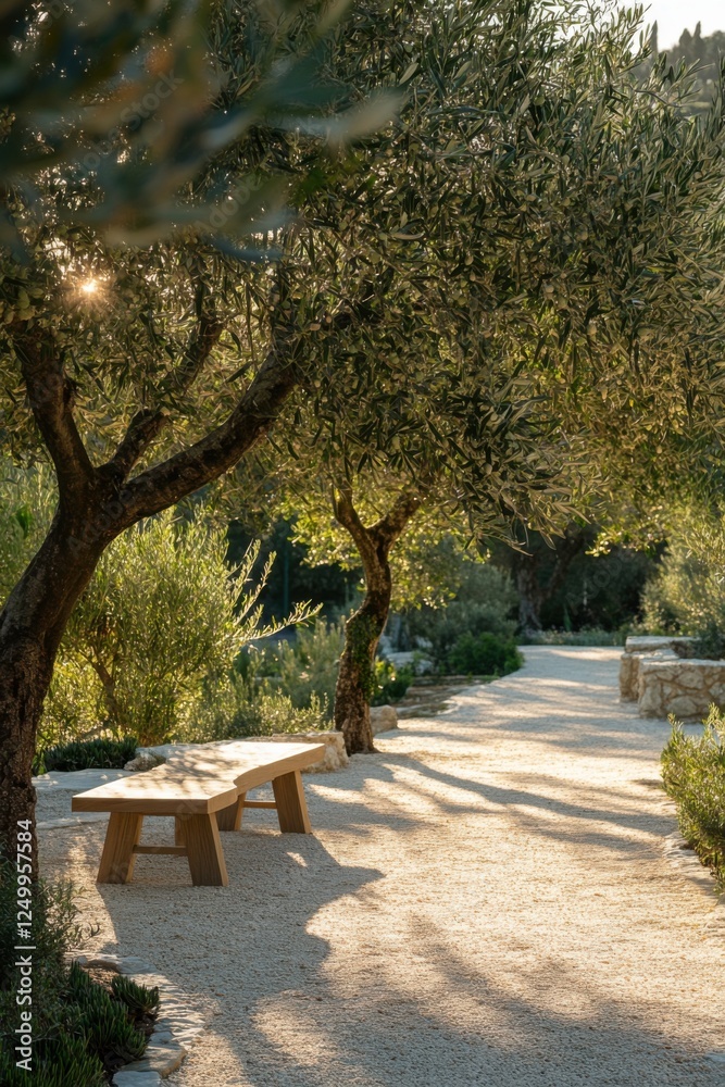 A peaceful pathway meanders through a tranquil garden, where a charming wooden bench sits nestled among majestic olive trees, bathed in the soft glow of golden hour A peaceful pathway meanders through a tranquil garden, where a charming wooden bench sits nestled among majestic olive trees, bathed in the soft glow of golden hour