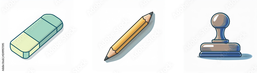 Image depicts an eraser, pencil, and stamp, essential tools for writing, editing, and marking documents in office or school settings. Image depicts an eraser, pencil, and stamp, essential tools for writing, editing, and marking documents in office or school settings.
