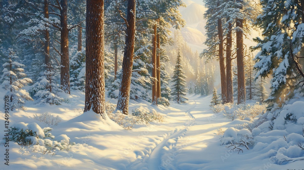 Sunlit winter forest path; snowy trees, calm background; ideal for winter cards Sunlit winter forest path; snowy trees, calm background; ideal for winter cards