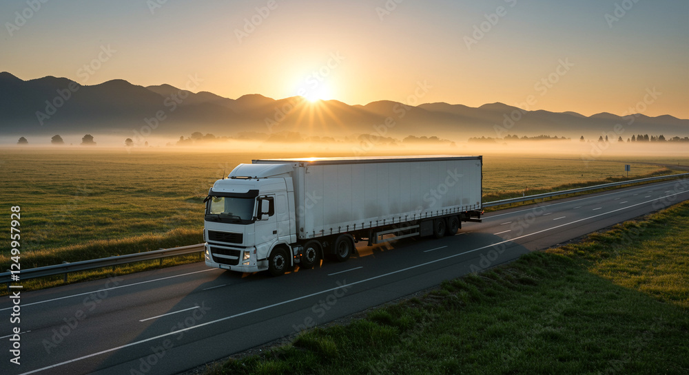 Truck on highway during sunrise with beautiful landscape and mist Truck on highway during sunrise with beautiful landscape and mist