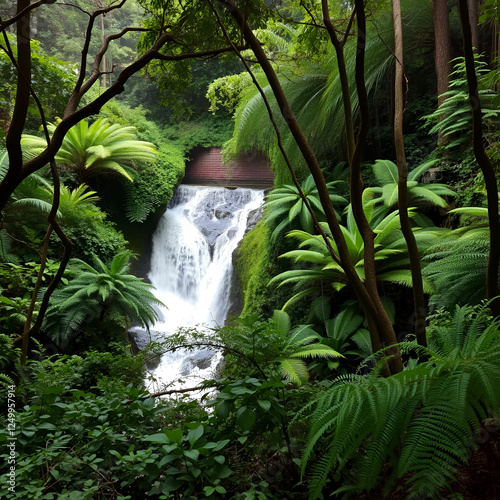 Dense thicket of tilo trees and ferns surrounding a cascading waterfall, shrub, overgrowth photo