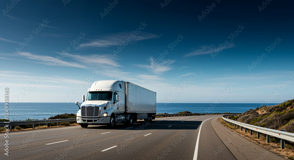 Truck driving on coastal highway near ocean transport landscape Truck driving on coastal highway near ocean transport landscape