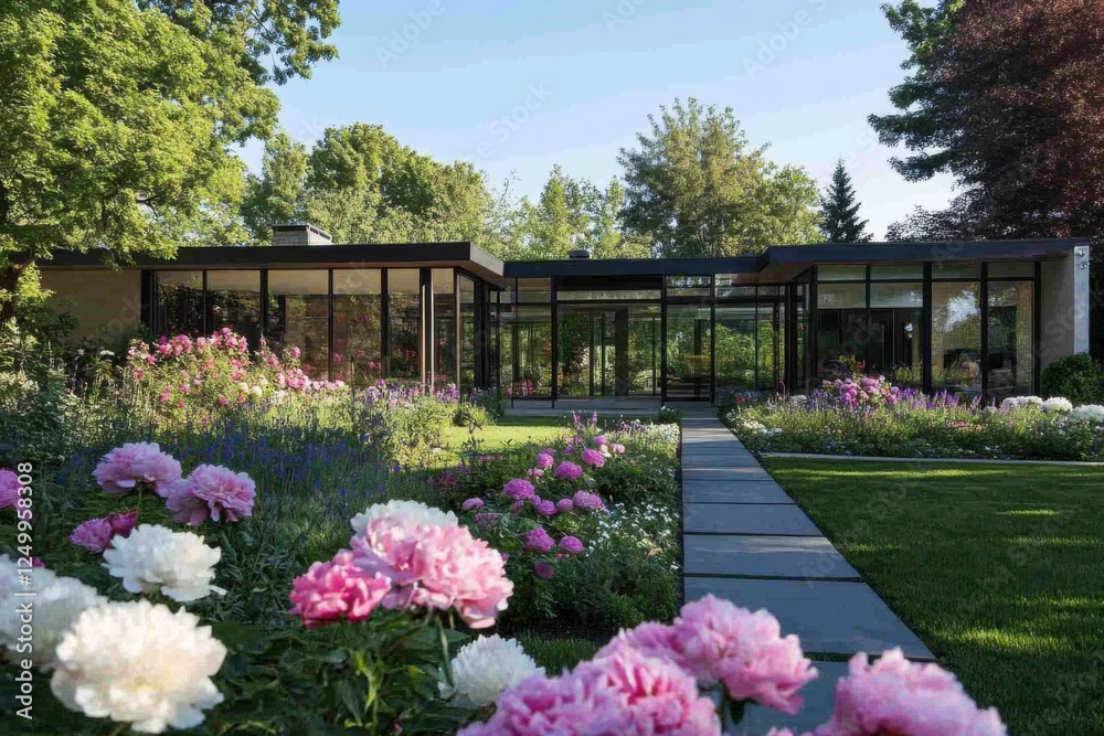 Naklejka premium The stunning beauty of contemporary architecture is beautifully complemented by vibrant flowers that flourish in a serene garden on a sunny day