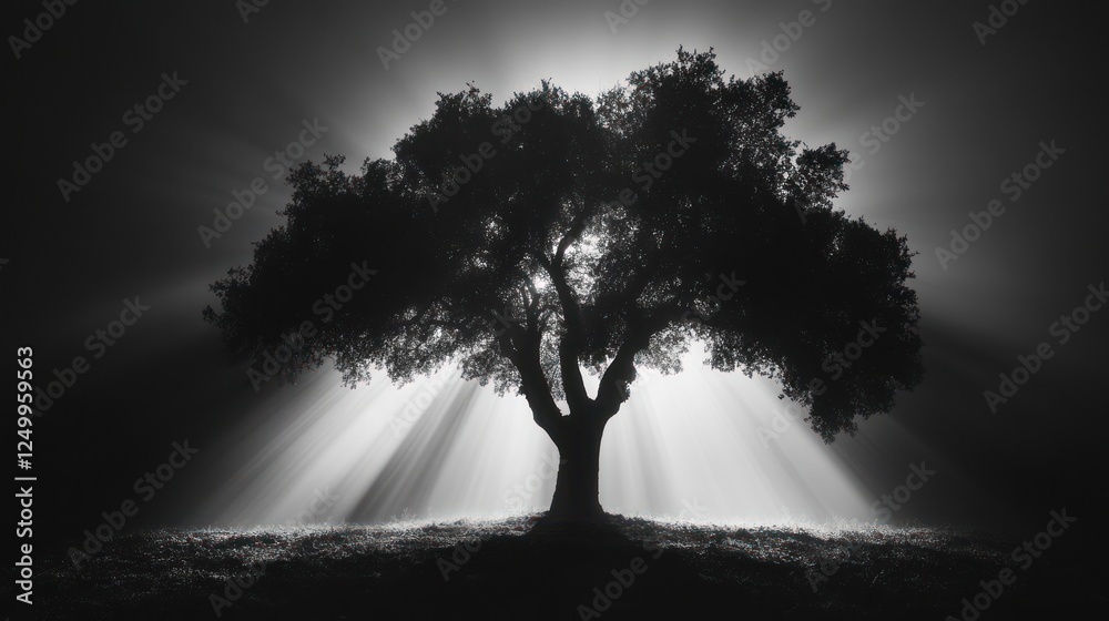 Obraz premium Majestic oak tree sunrise, misty field, peaceful scene, nature photography
