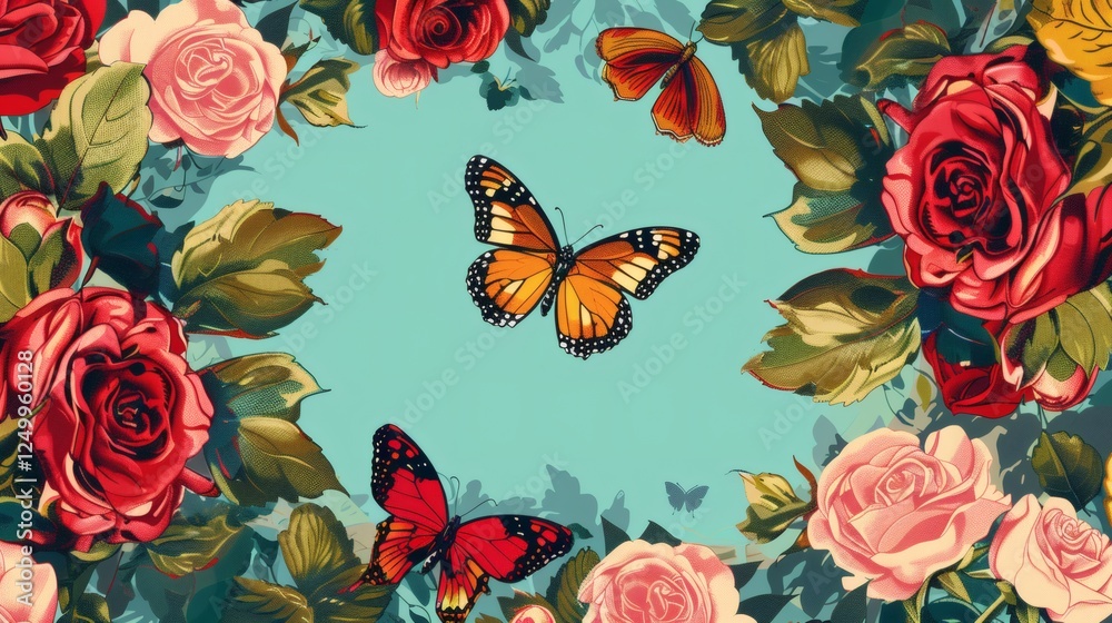 Naklejka premium Colorful Butterflies Among Vibrant Roses on Blue Background