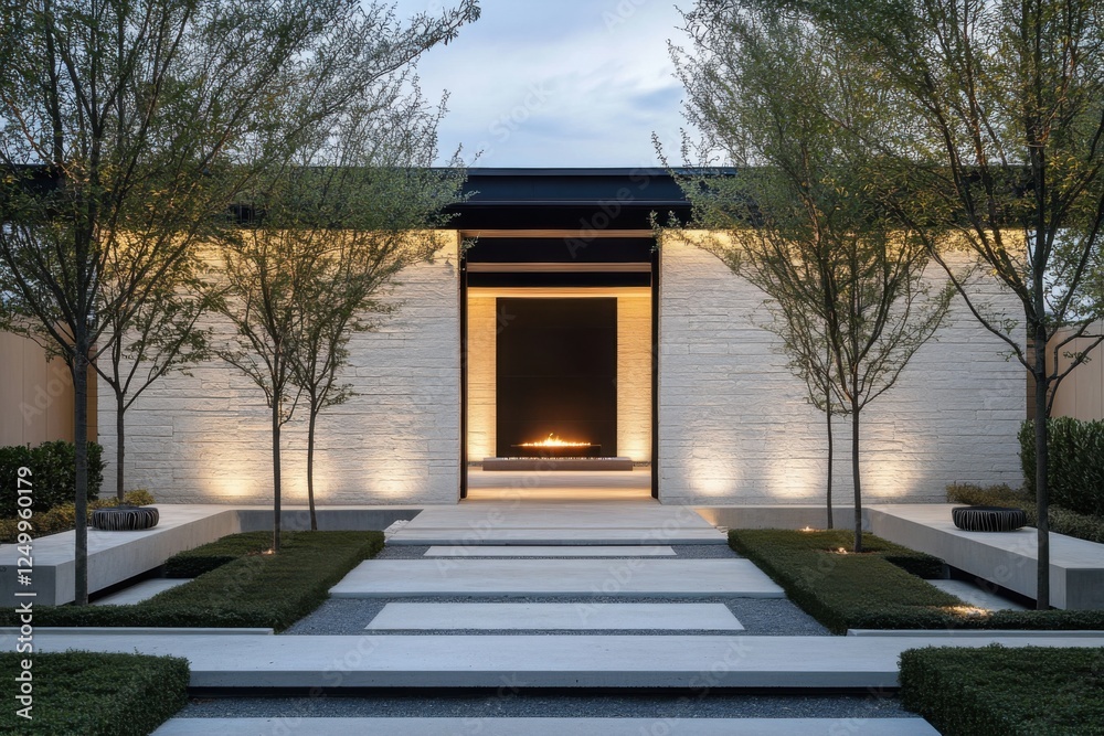 Obraz premium Modern landscaping design featuring geometric pathways, a central fire feature, and well-maintained trees in a contemporary outdoor setting during dusk