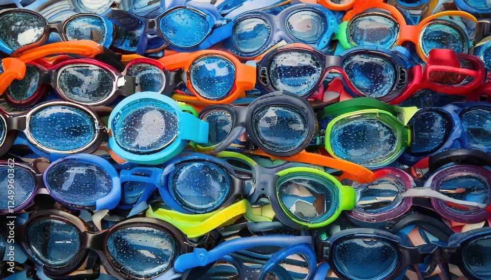 Colorful swimming goggles piled together at a poolside location in bright sunlight Colorful swimming goggles piled together at a poolside location in bright sunlight