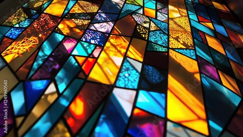 geometric stained glass window with vibrant abstract patterns, illuminated by sunlight, focus on artistry and light