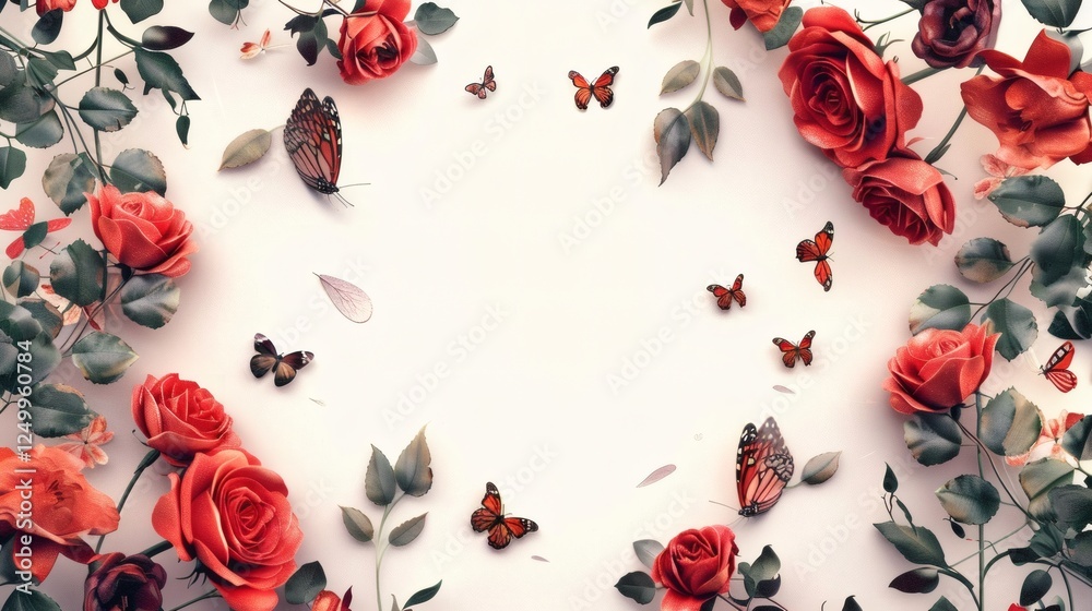 Floral Arrangement with Roses and Butterflies on Light Background