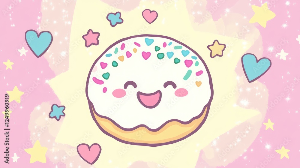 A cute doodle of a smiling donut with colorful sprinkles, surrounded by little hearts and stars, radiating a cheerful and sweet vibe. A cute doodle of a smiling donut with colorful sprinkles, surrounded by little hearts and stars, radiating a cheerful and sweet vibe.