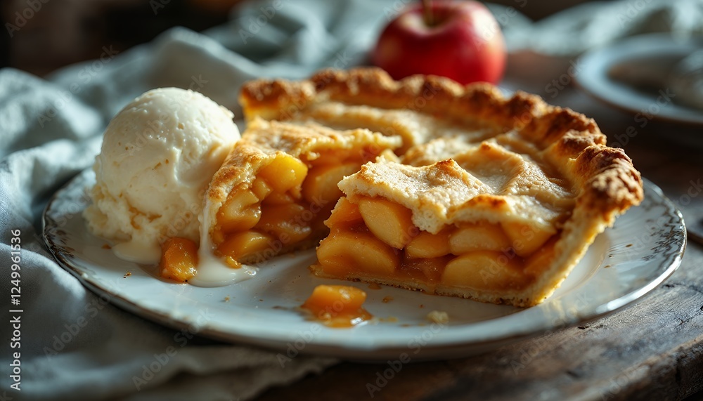 Delicious Apple Pie Slice with Vanilla Ice Cream on Plate Delicious Apple Pie Slice with Vanilla Ice Cream on Plate