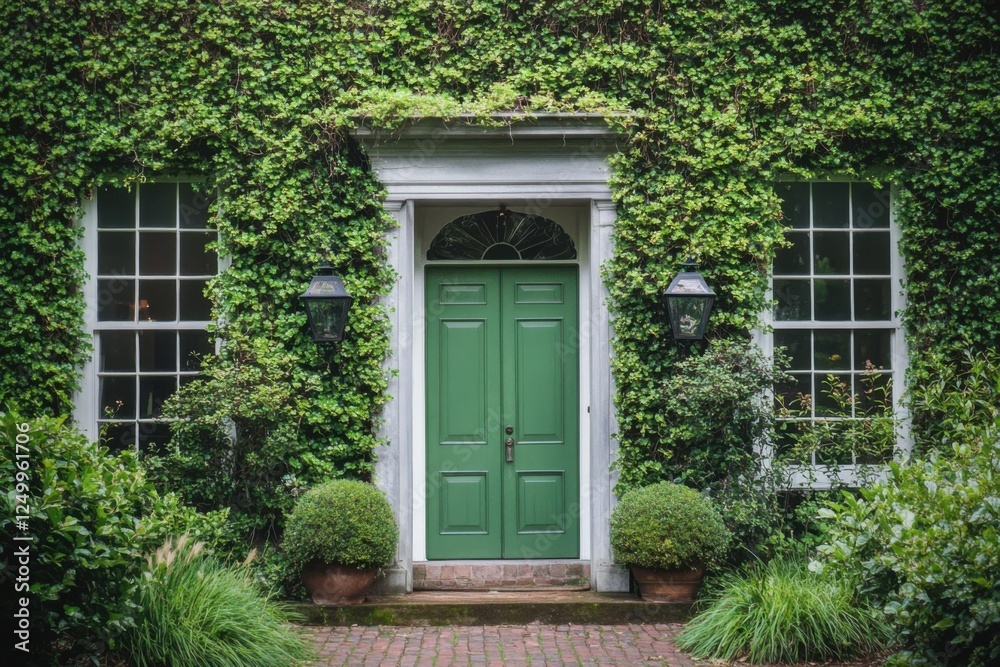 A stunning vibrant green door is set against a beautiful ivy-covered facade, perfectly framed by a charming garden that comes alive in the daylight A stunning vibrant green door is set against a beautiful ivy-covered facade, perfectly framed by a charming garden that comes alive in the daylight