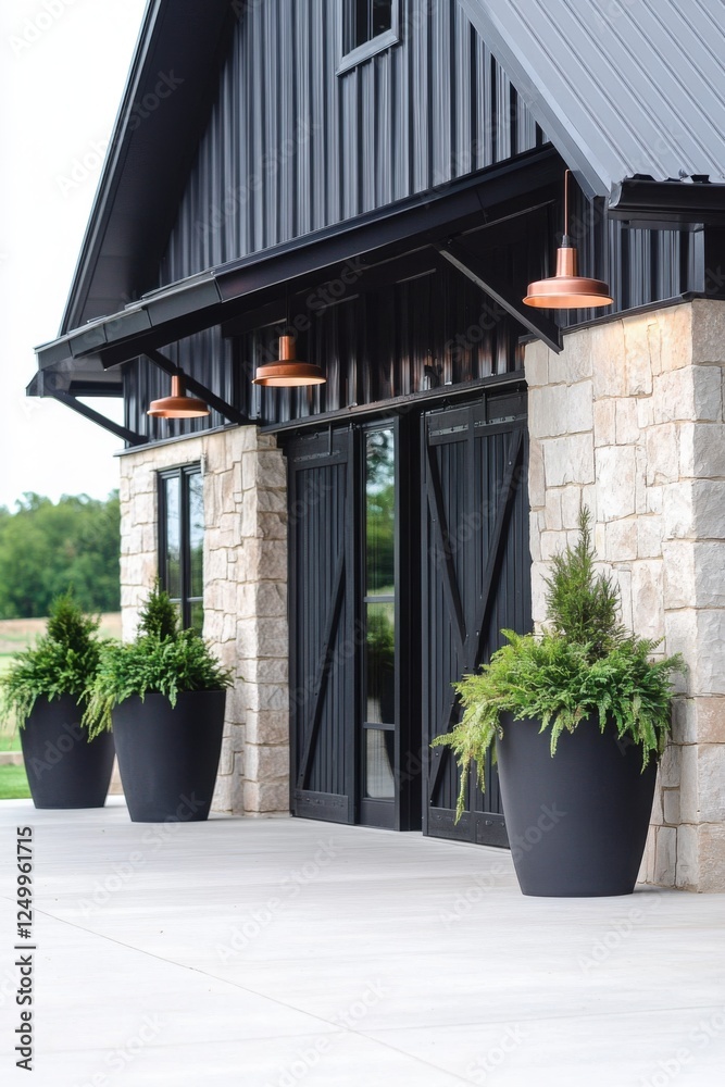 Obraz premium A contemporary and chic building stands proudly, adorned with spacious planters at its entrance. The bright daylight and clear blue sky create a tranquil outdoor atmosphere
