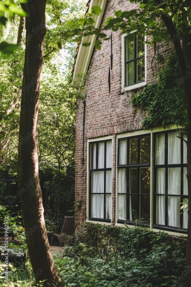 Nestled within a tranquil forest setting, this charming brick house is enveloped by lush greenery, creating a serene atmosphere perfect for relaxation on a peaceful afternoon Nestled within a tranquil forest setting, this charming brick house is enveloped by lush greenery, creating a serene atmosphere perfect for relaxation on a peaceful afternoon