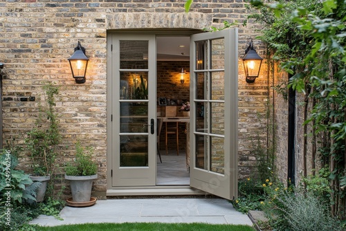 Welcoming entrance of a charming home with natural light streaming through open doors, surrounded by greenery and brick walls in a cozy courtyard
