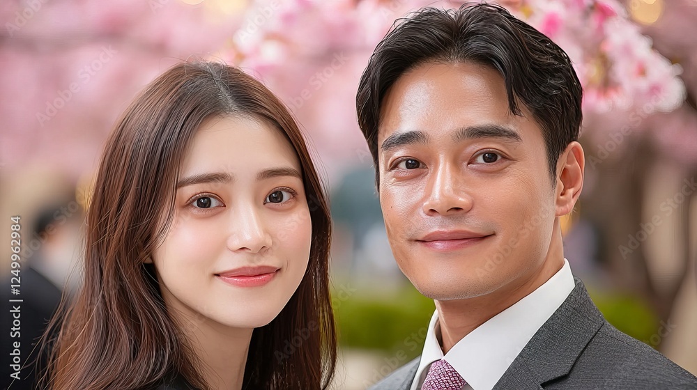 A happy East Asian couple smiles warmly among blooming cherry blossoms. A happy East Asian couple smiles warmly among blooming cherry blossoms.