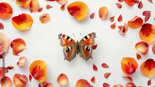 Colorful Butterfly Surrounded by Vibrant Petals on White Background