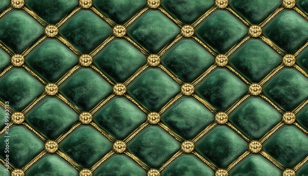 Fototapeta premium Green velvet upholstery with golden buttons and diamond pattern