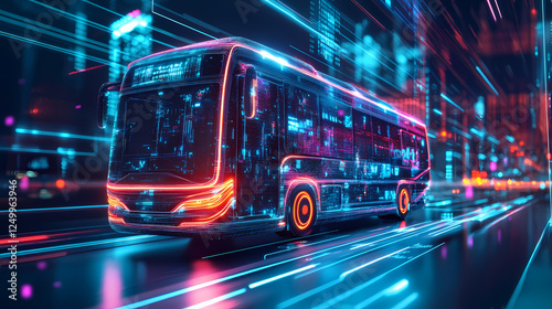 A futuristic bus model with glowing features against a vibrant digital background, symbolizing innovation in transportation. Futuristic Religious Icons. Illustration