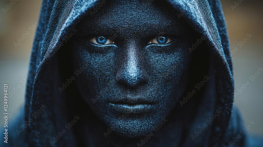 Mysterious Figure in Dark Hood with Striking Blue Eyes and Mask