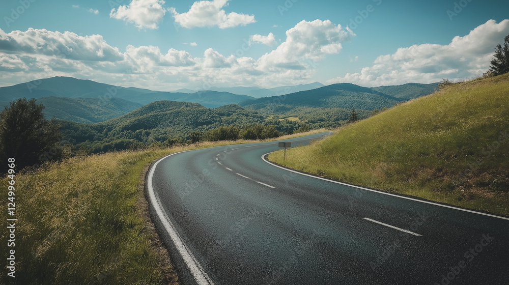 Fototapeta premium A peaceful road embraced by lush trees , mountain and vibrant greenery on both sides.
