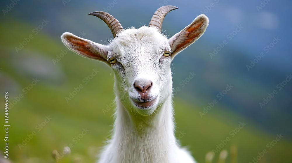 Portrait of a Curious Goat in a Mountain Pasture Portrait of a Curious Goat in a Mountain Pasture